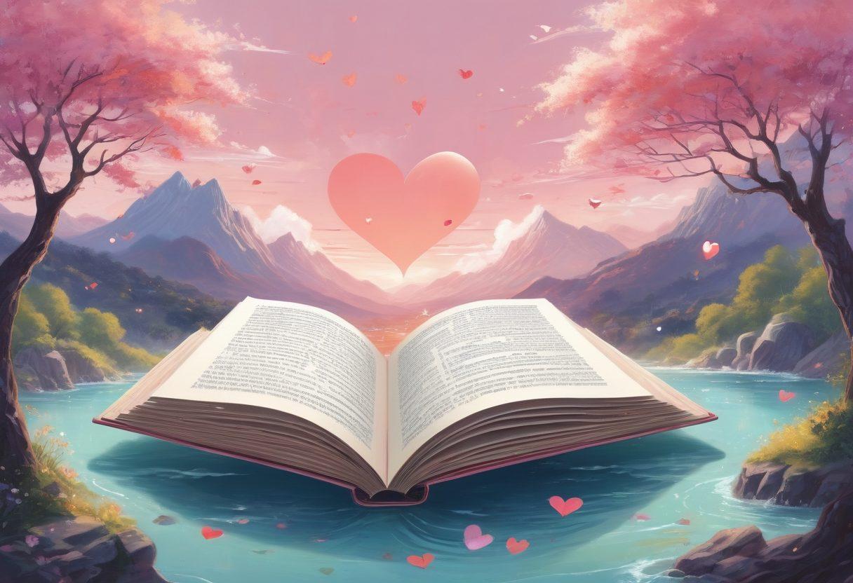 A whimsical and surreal landscape combining elements of anime, including playful characters and dreamlike scenery, intertwined with erotic literature themes. Soft pastel colors contrasting with vibrant accents, featuring an open book with illustrated pages that come to life, surrounded by floating hearts and abstract motifs symbolizing intimacy. The overall atmosphere should evoke curiosity and allure without being explicit. painterly style. vibrant colors. whimsical.