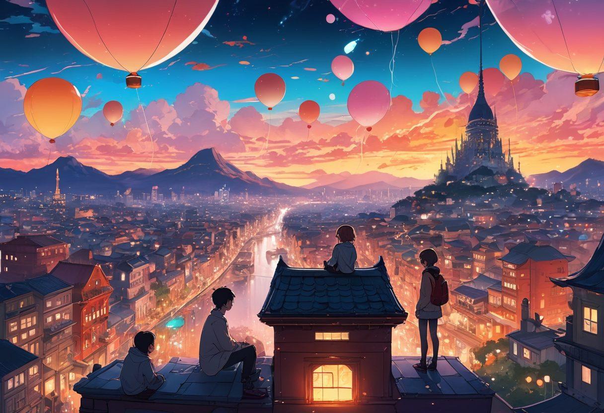 A whimsical, colorful illustration of characters from various anime and manga genres engaging in heartfelt conversations, surrounded by floating speech bubbles filled with emotional expressions. In the background, a vibrant cityscape merging fantasy and reality, filled with iconic anime landmarks. The scene radiates a warm glow, symbolizing intimacy and connection between the characters. anime art style. vibrant colors. dreamy atmosphere.