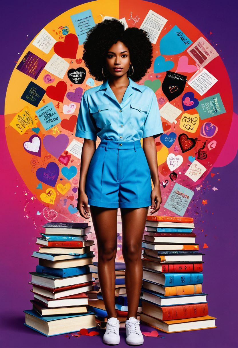 A confident individual standing tall, radiating sexual empowerment, surrounded by symbols of love and relationship advice such as hearts, open books, and film reels. The background features a blend of vibrant colors representing diversity and acceptance, while elements of adult entertainment subtly integrate, like movie posters and playful imagery. The scene conveys positivity, empowerment, and a celebration of healthy relationships. vibrant colors. digital art.